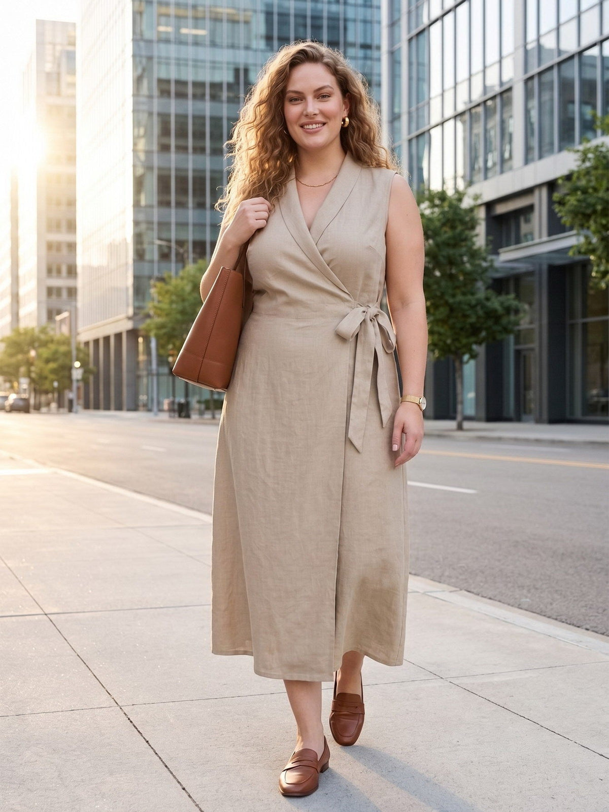 Larui Plus Size Women‘s Linen  V-Neck Sleeveless Dress