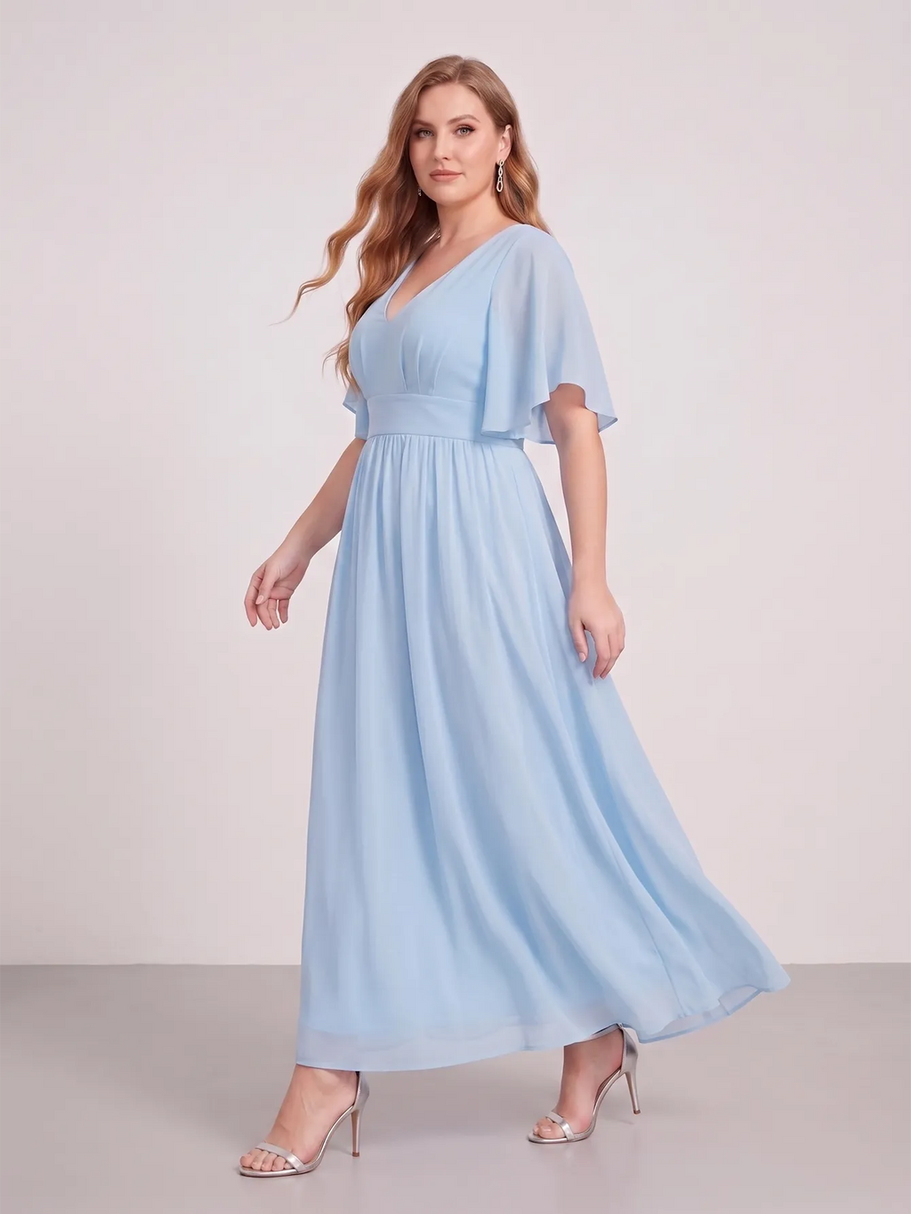 Larui Plus Size Women‘s V-Neck Chiffon Ruffles Sleeves Dress