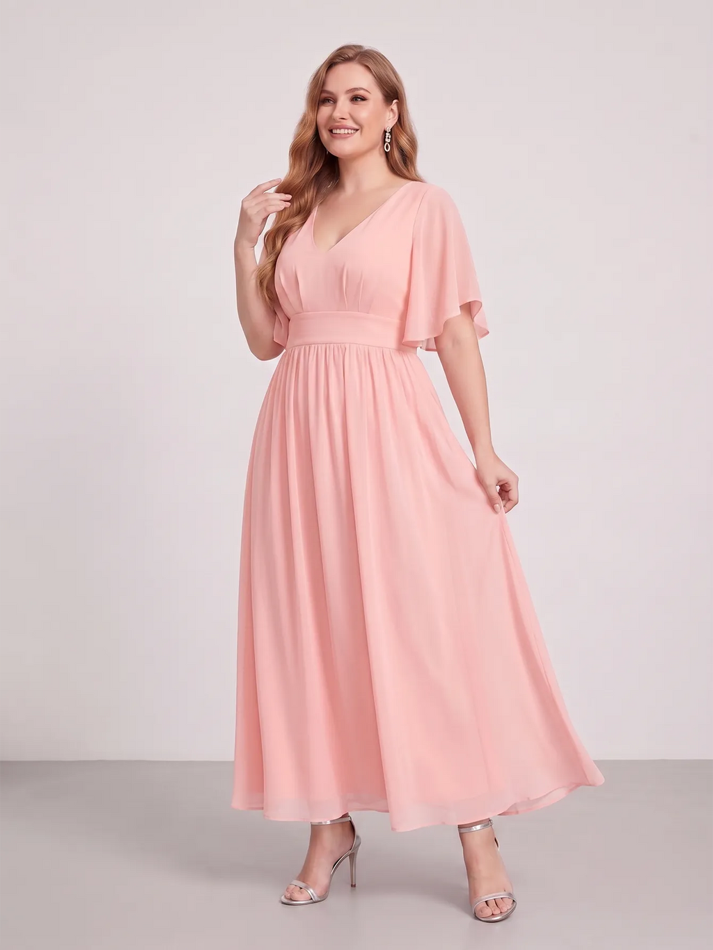 Larui Plus Size Women‘s V-Neck Chiffon Ruffles Sleeves Dress