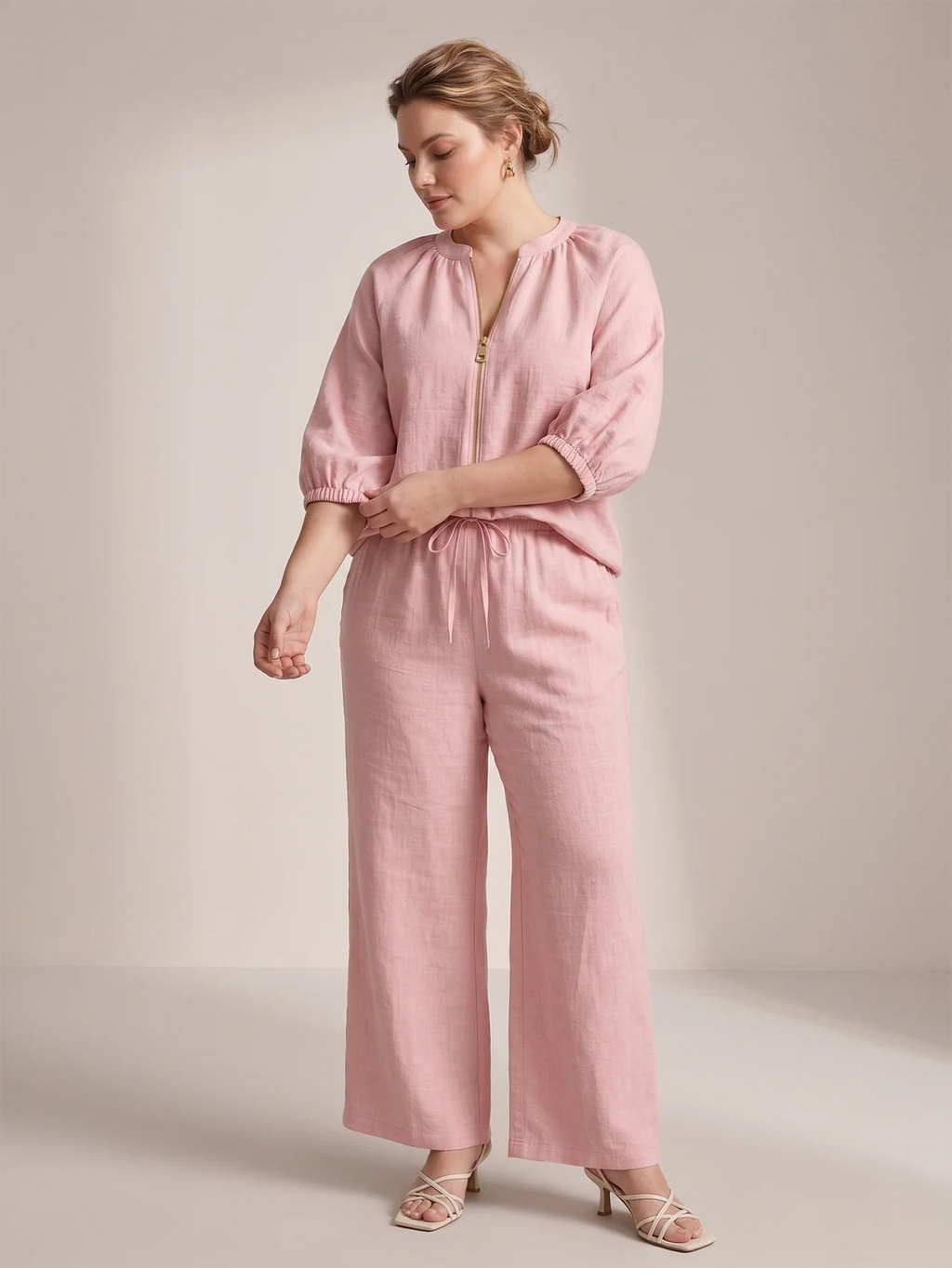 Larui Plus Size Women's Three-Quarter Sleeve Top and Pants Two-Piece Linen Set