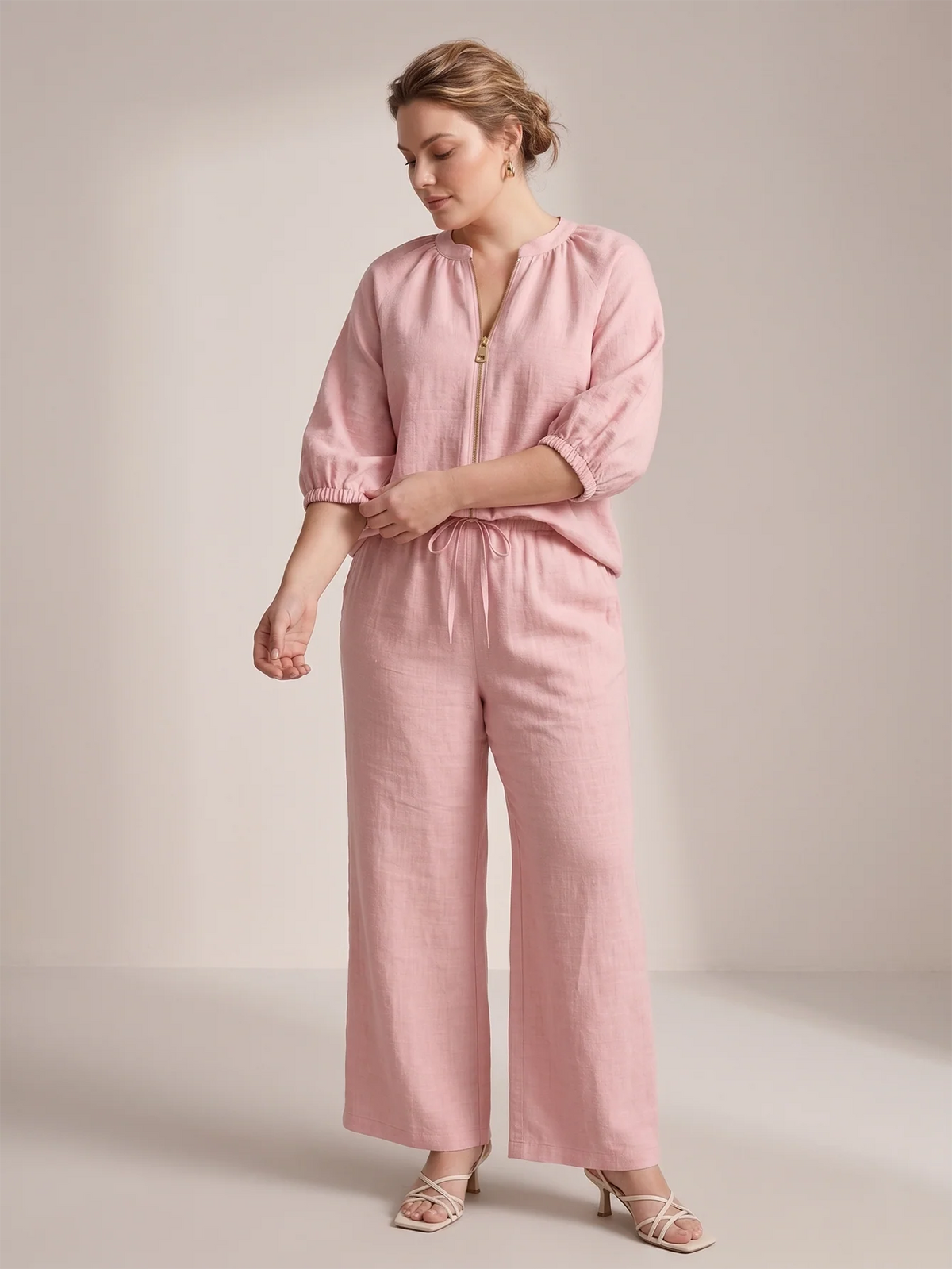 Larui Plus Size Women's Three-Quarter Sleeve Top and Pants Two-Piece Linen Set