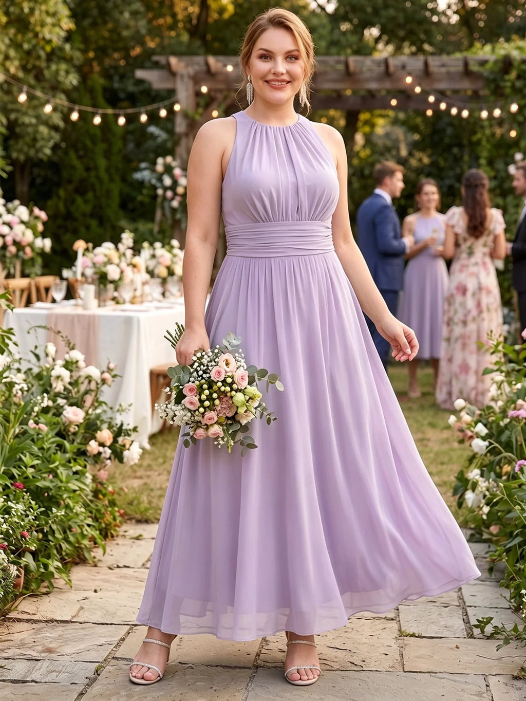 Larui Plus Size Elegant Pleated Chiffon Dress