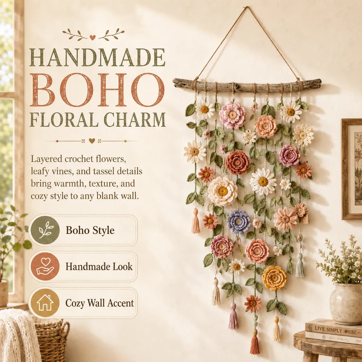 🌸HandMade Boho Crochet Flower Wall Hanging Decor