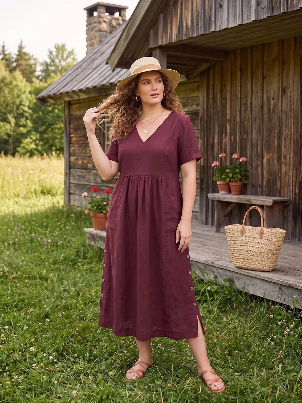 Larui Plus Size Women's Linen Pocket Dress