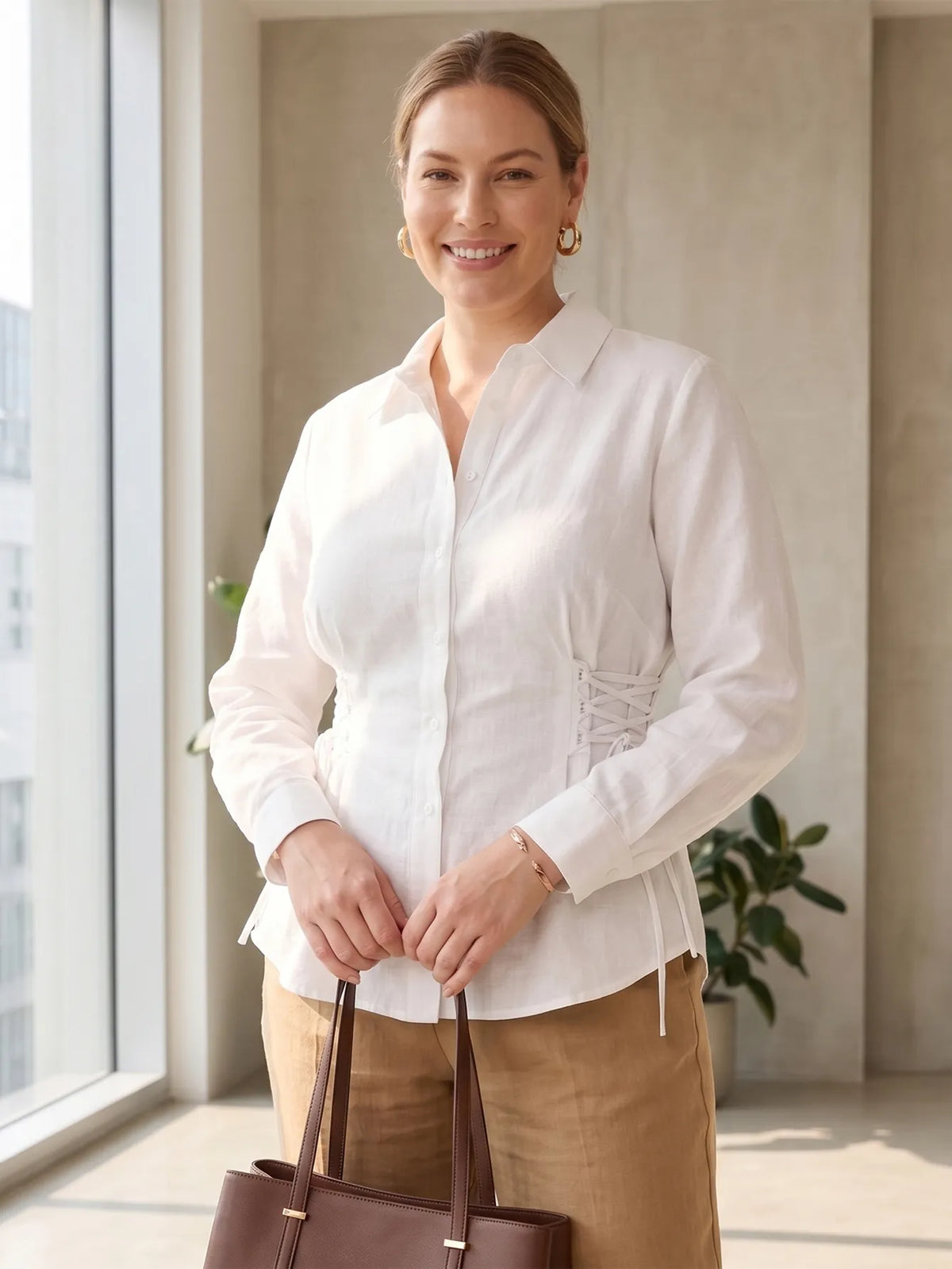 Larui Plus-Size Women's Linen Shirt With Side Tie