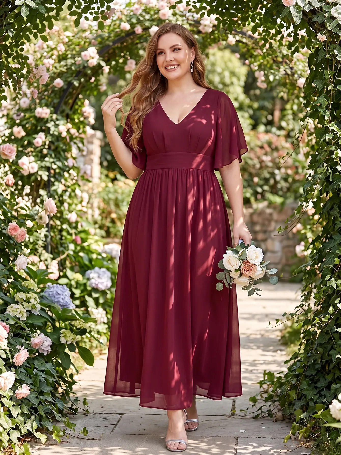 Larui Plus Size Women‘s V-Neck Chiffon Ruffles Sleeves Dress