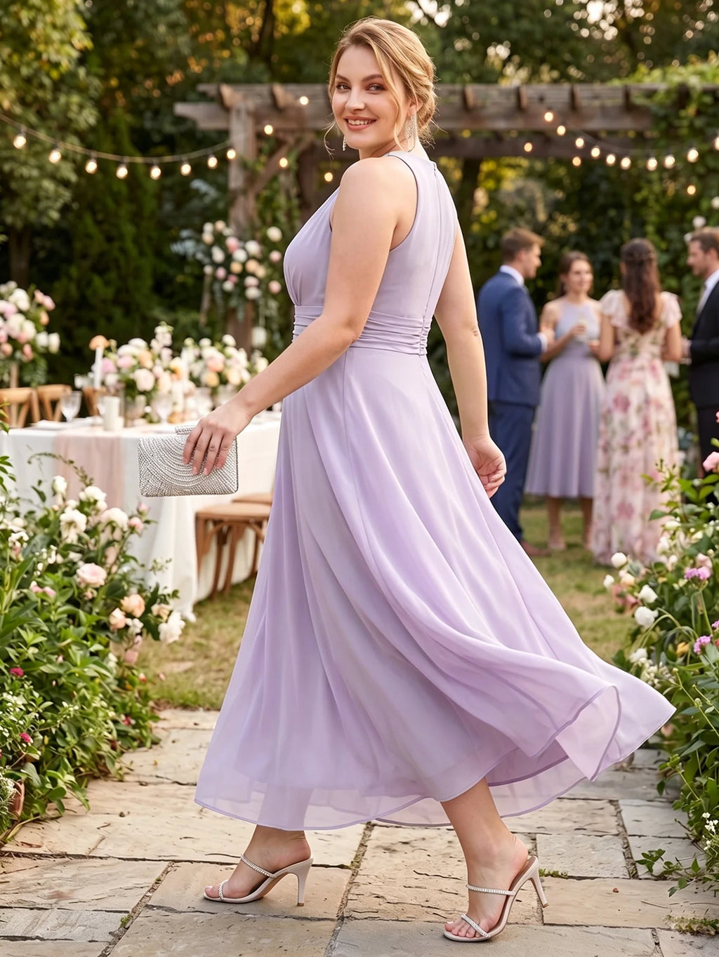Larui Plus Size Elegant Pleated Chiffon Dress