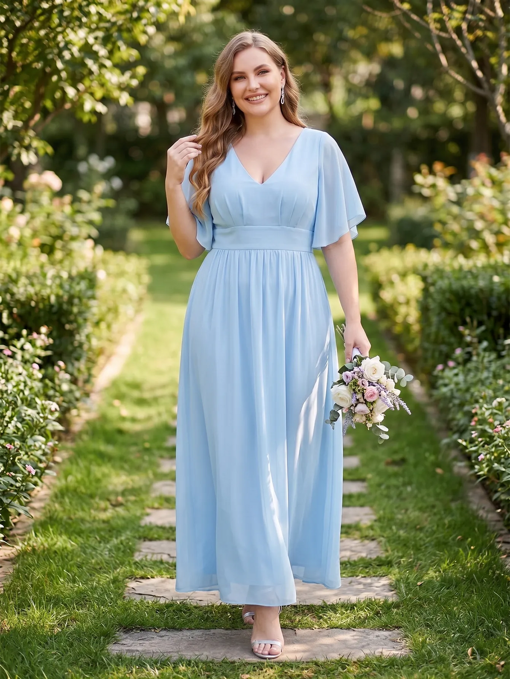 Larui Plus Size Women‘s V-Neck Chiffon Ruffles Sleeves Dress