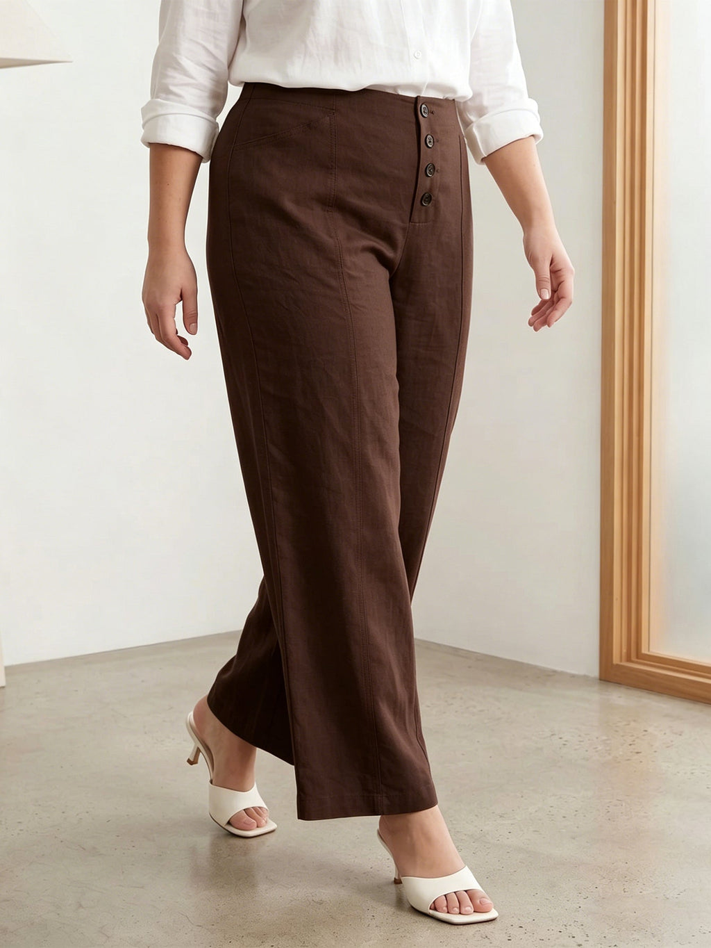 Larui Plus Size Women's Button-Down Wide-Leg Linen  Pants