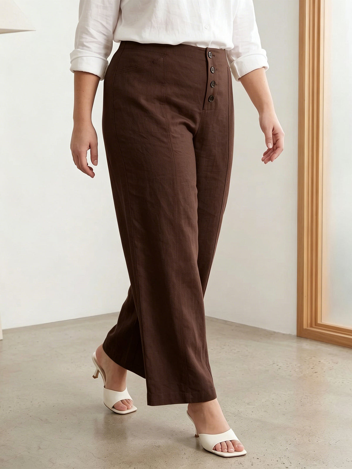 Larui Plus Size Women's Button-Down Wide-Leg Linen  Pants