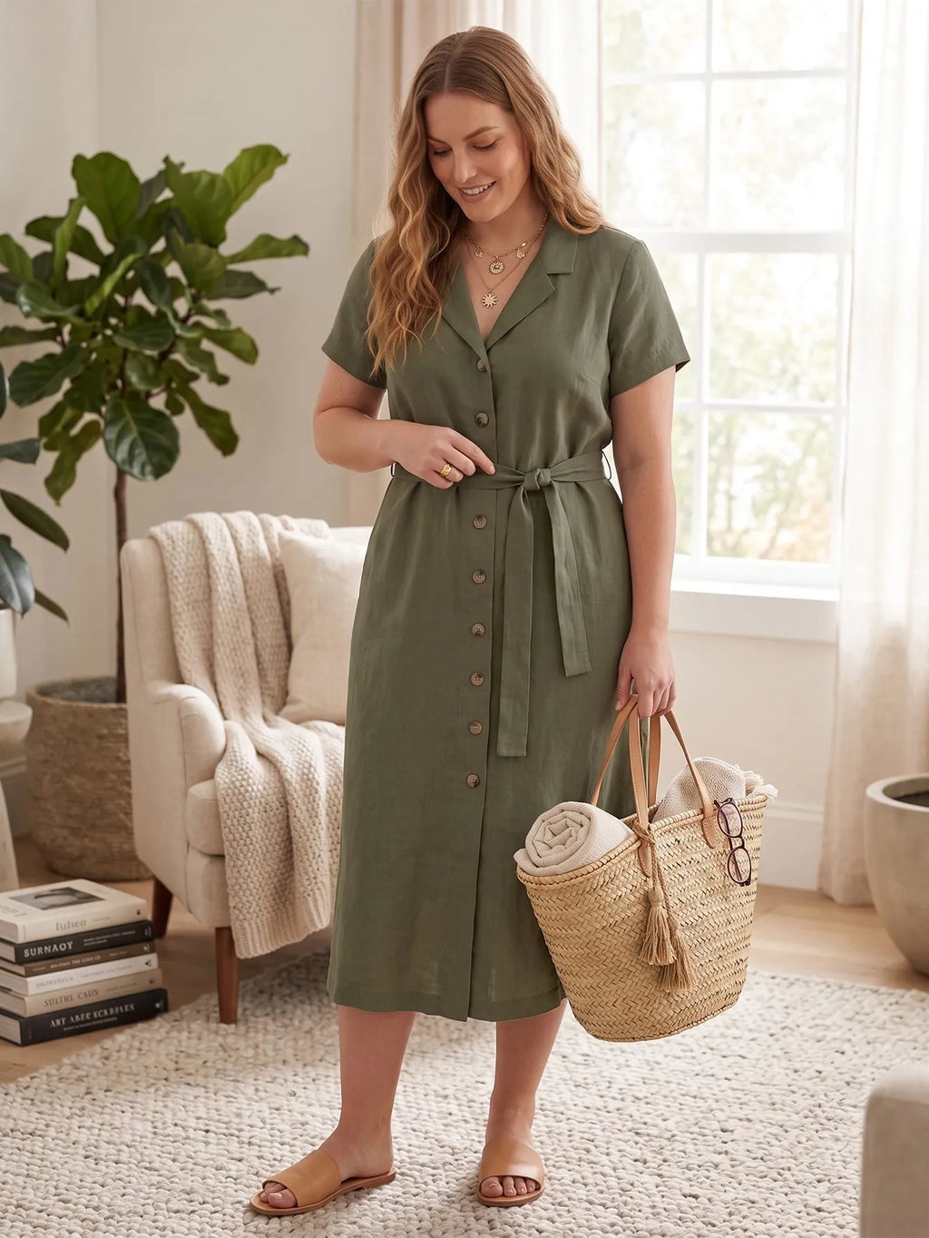 Larui Plus Size Women's Linen Dress With Belted
