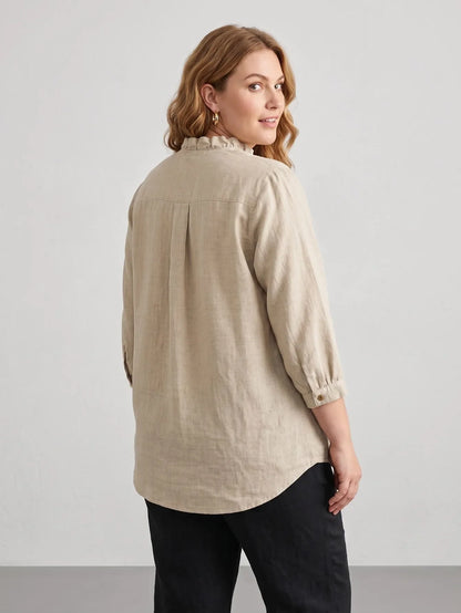 Larui Plus Size Women's Linen Ruffles 3/4 Sleeves Blouse