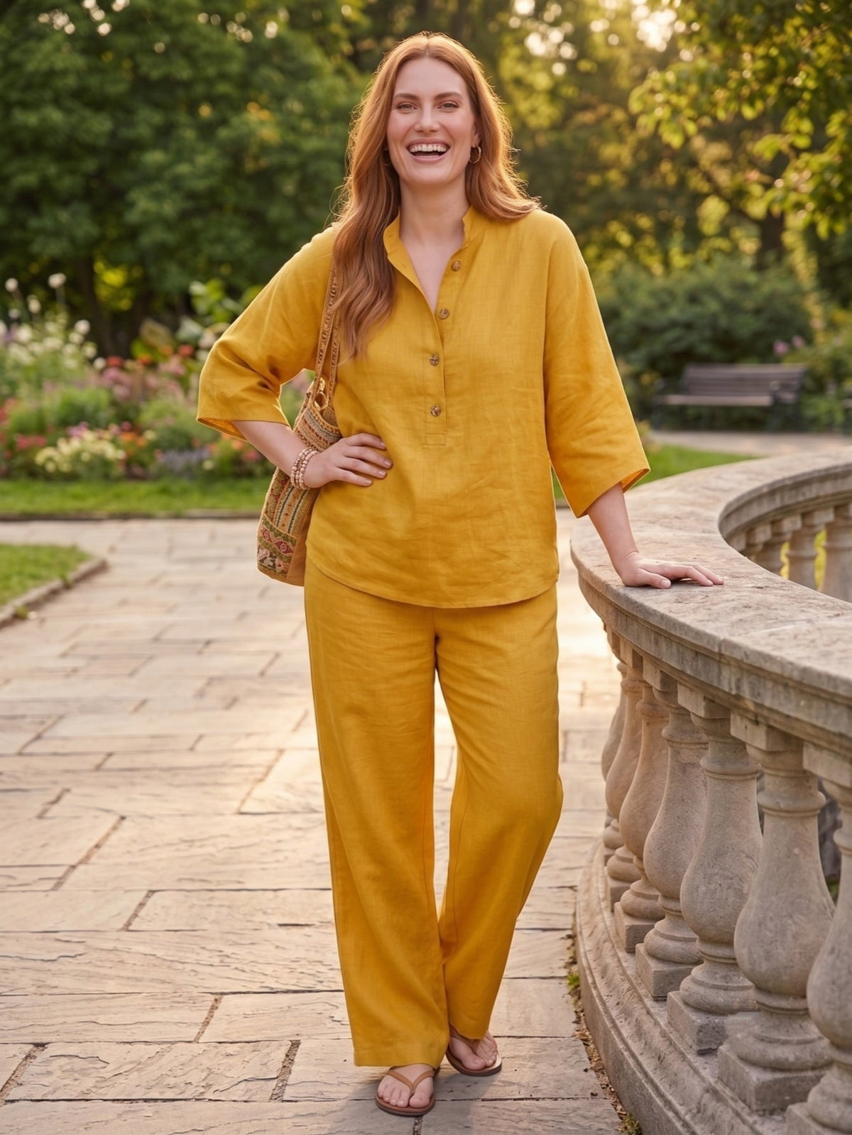Larui Plus Size Women's V-Neck Button-Detail Casual Linen Set