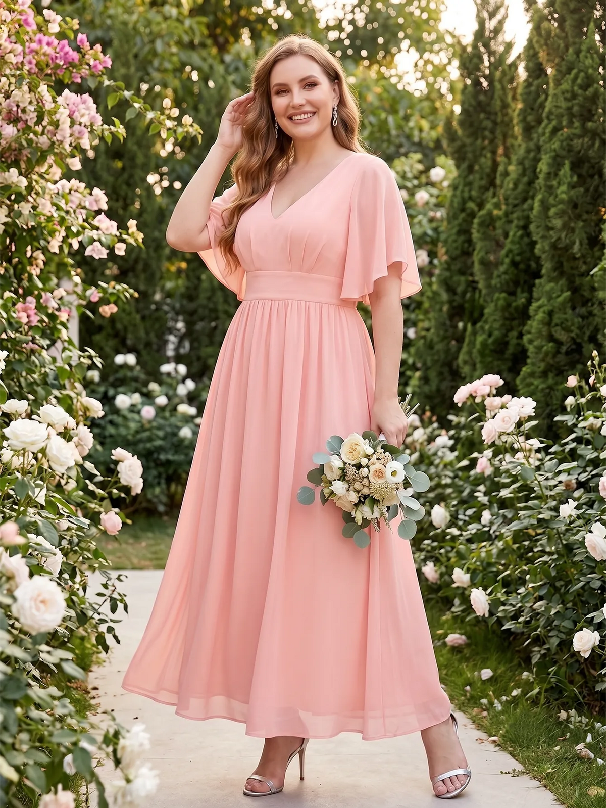 Larui Plus Size Women‘s V-Neck Chiffon Ruffles Sleeves Dress