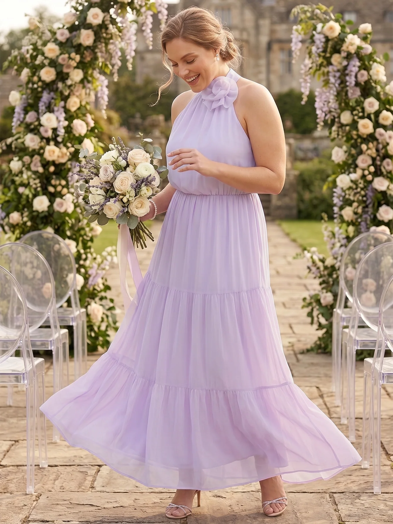 Larui Plus Size Wedding/Vacation A-Line Chiffon Dress With Floral Embellishments