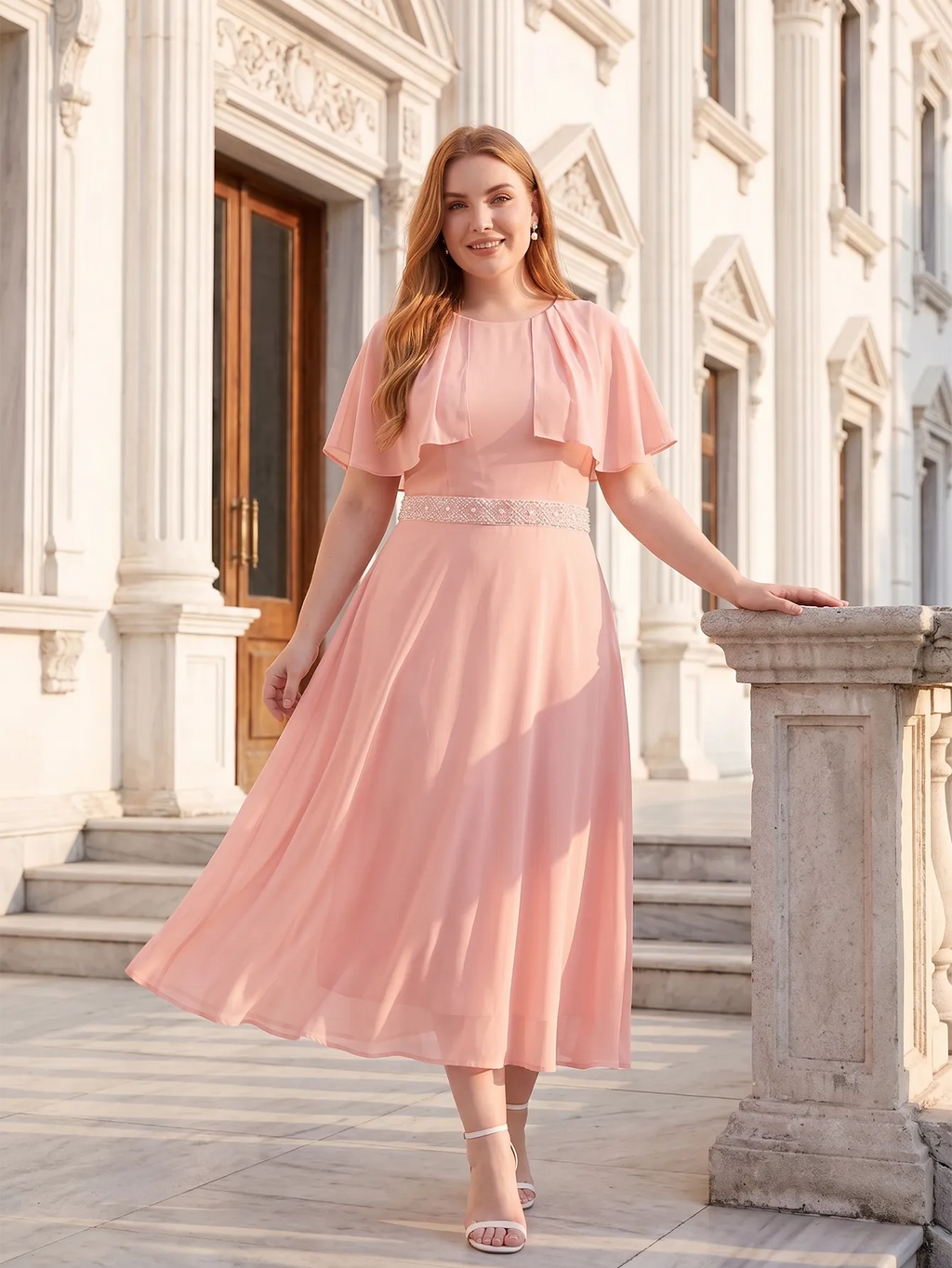 Larui Plus Size Women‘s Cape Sleeves Chiffon Midi Dress