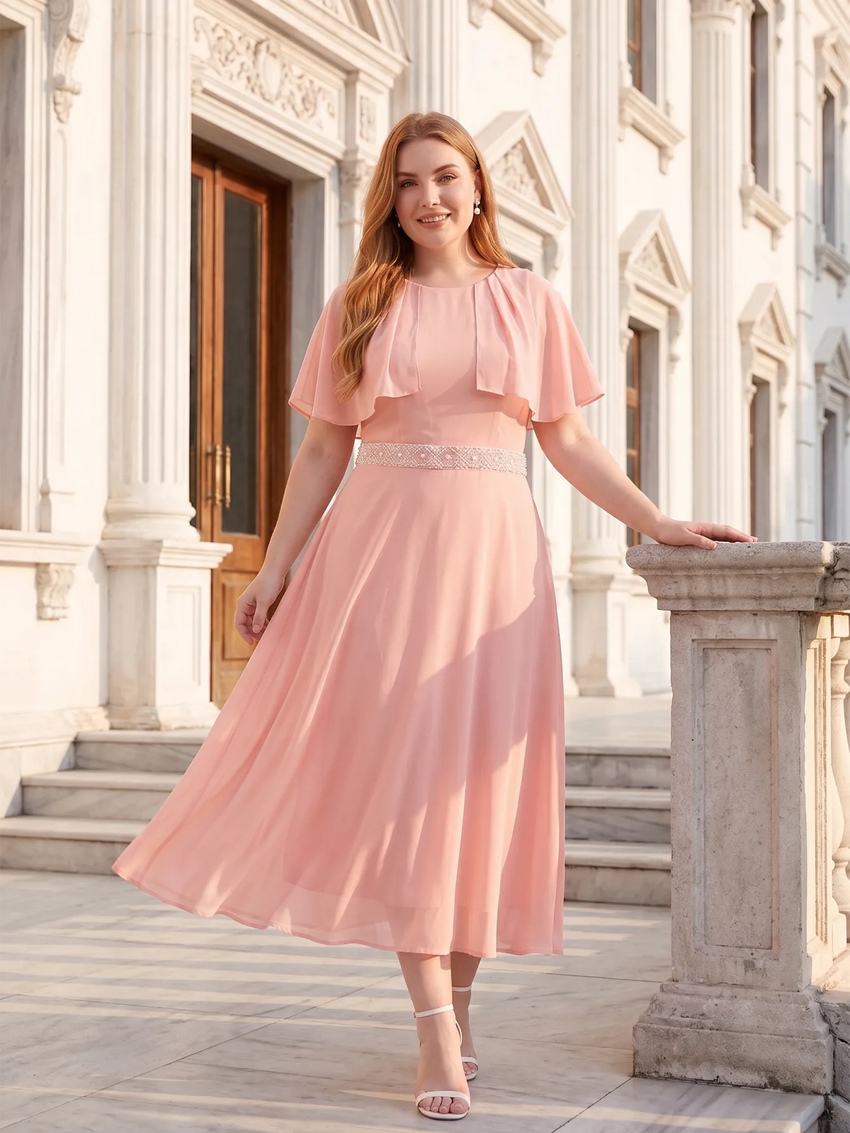 Larui Plus Size Women‘s Cape Sleeves Chiffon Midi Dress