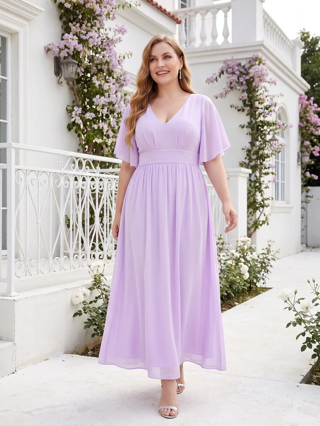 Larui Plus Size Women‘s V-Neck Chiffon Ruffles Sleeves Dress