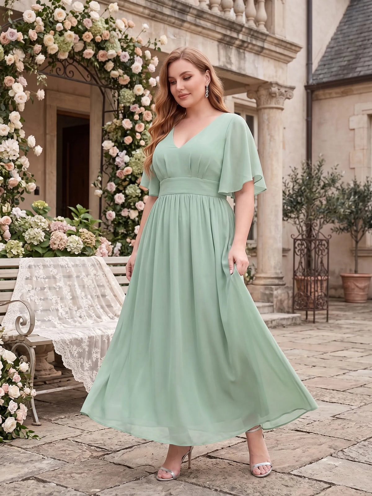 Larui Plus Size Women‘s V-Neck Chiffon Ruffles Sleeves Dress