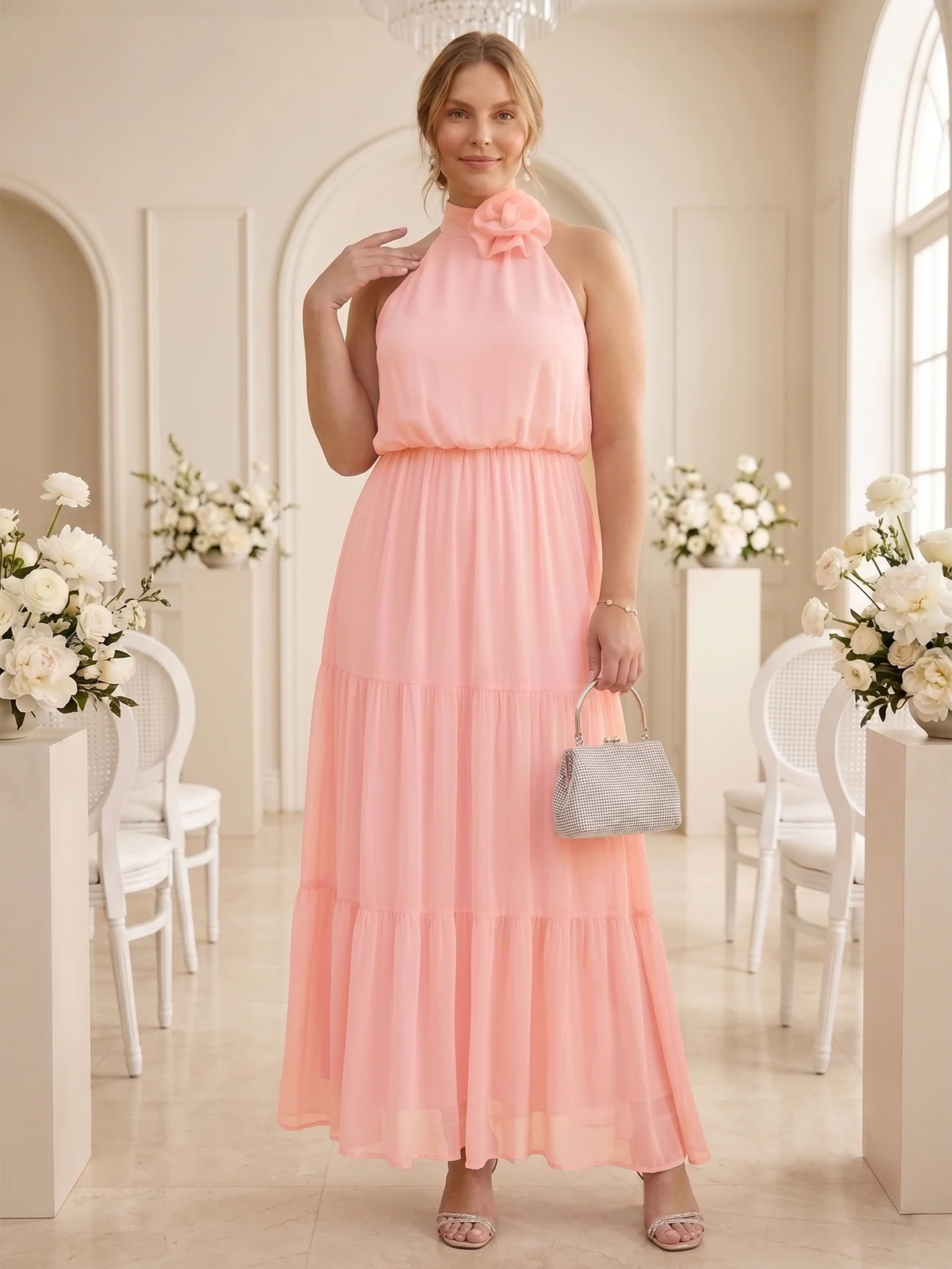 Larui Plus Size Wedding/Vacation A-Line Chiffon Dress With Floral Embellishments