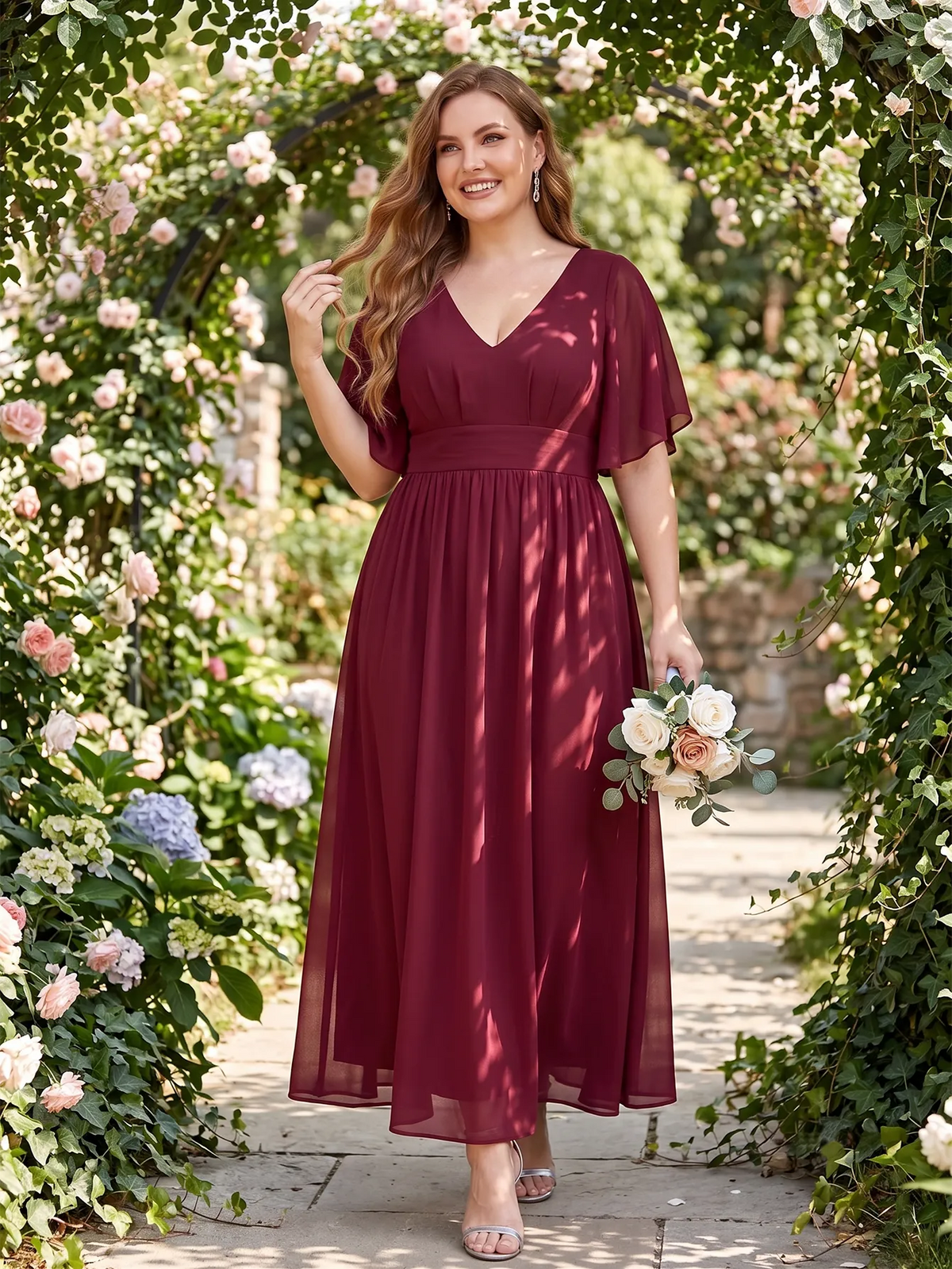 Larui Plus Size Women‘s V-Neck Chiffon Ruffles Sleeves Dress