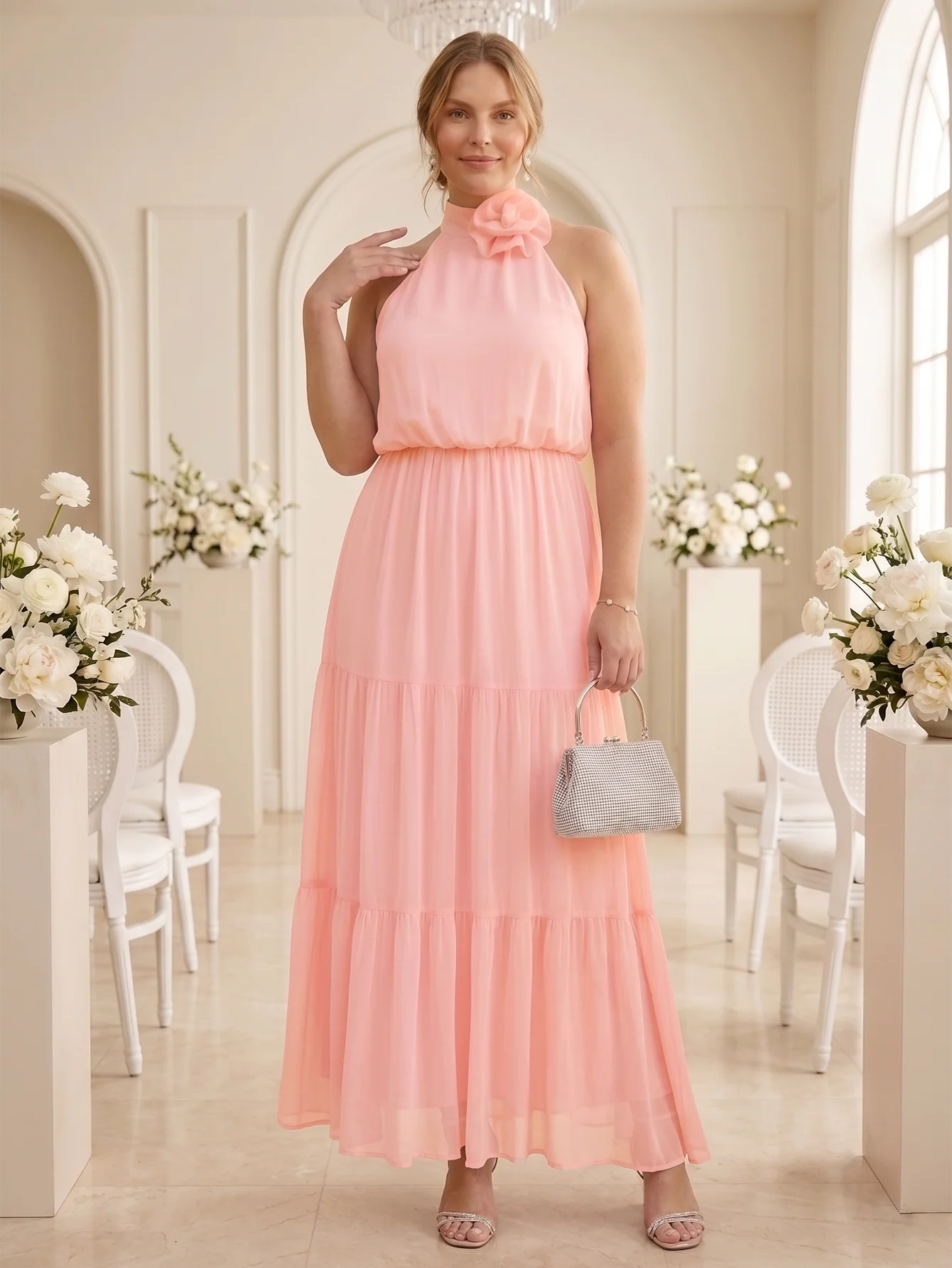 Larui Plus Size Wedding/Vacation A-Line Chiffon Dress With Floral Embellishments