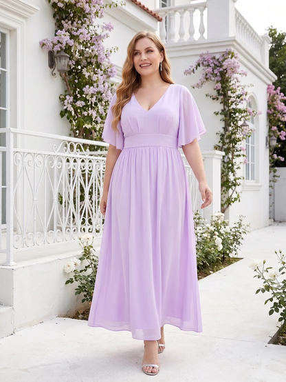 Larui Plus Size Women‘s V-Neck Chiffon Ruffles Sleeves Dress