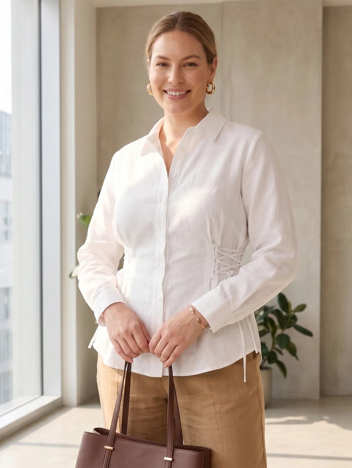 Larui Plus-Size Women's Linen Shirt With Side Tie