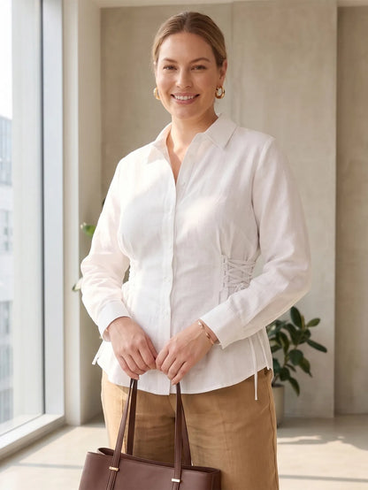 Larui Plus-Size Women's Linen Shirt With Side Tie