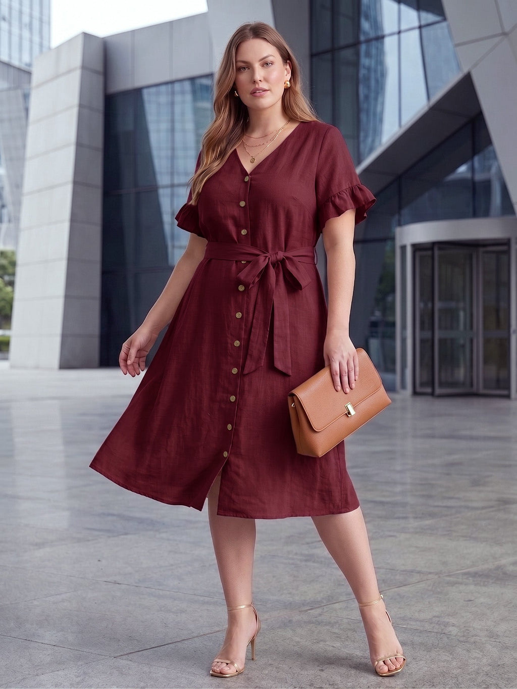 Larui Plus Size Women's Linen Short Sleeves Dress With Belted