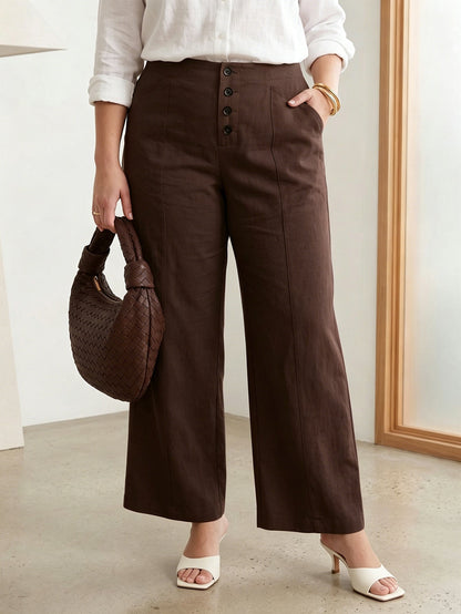 Larui Plus Size Women's Button-Down Wide-Leg Linen  Pants