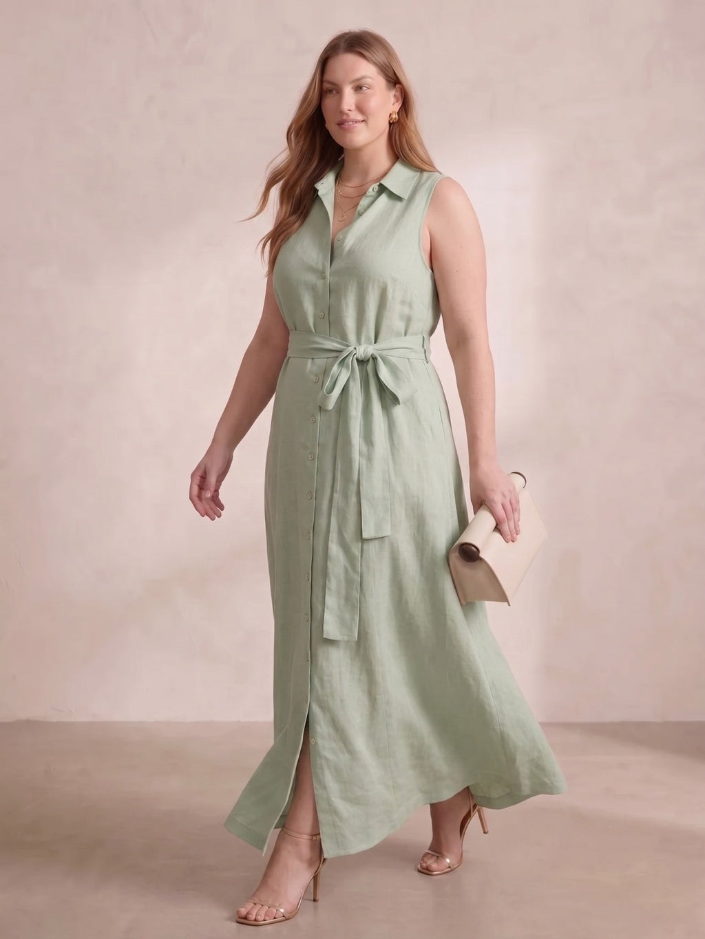 Larui Plus Size Women's Sleeveless Collared Linen Dress with Belt