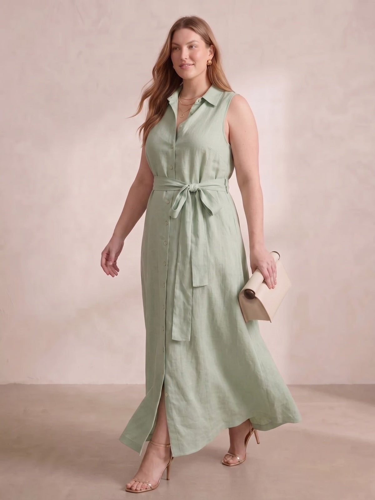 Larui Plus Size Women's Sleeveless Collared Linen Dress with Belt