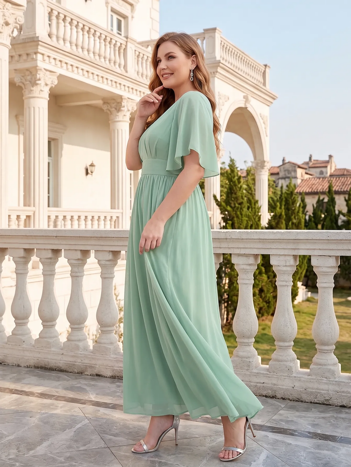 Larui Plus Size Women‘s V-Neck Chiffon Ruffles Sleeves Dress