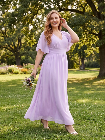 Larui Plus Size Women‘s V-Neck Chiffon Ruffles Sleeves Dress