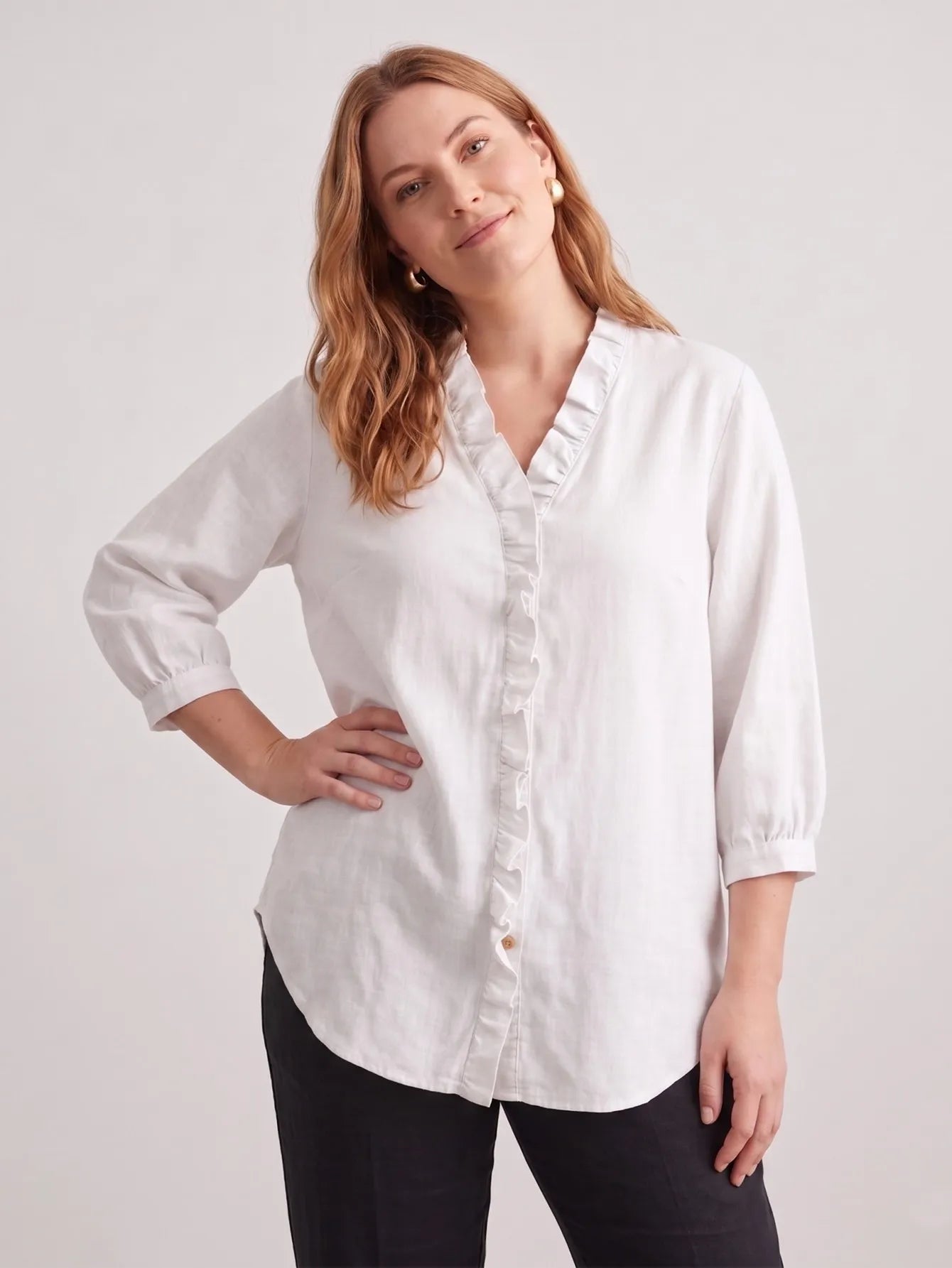Larui Plus Size Women's Linen Ruffles 3/4 Sleeves Blouse