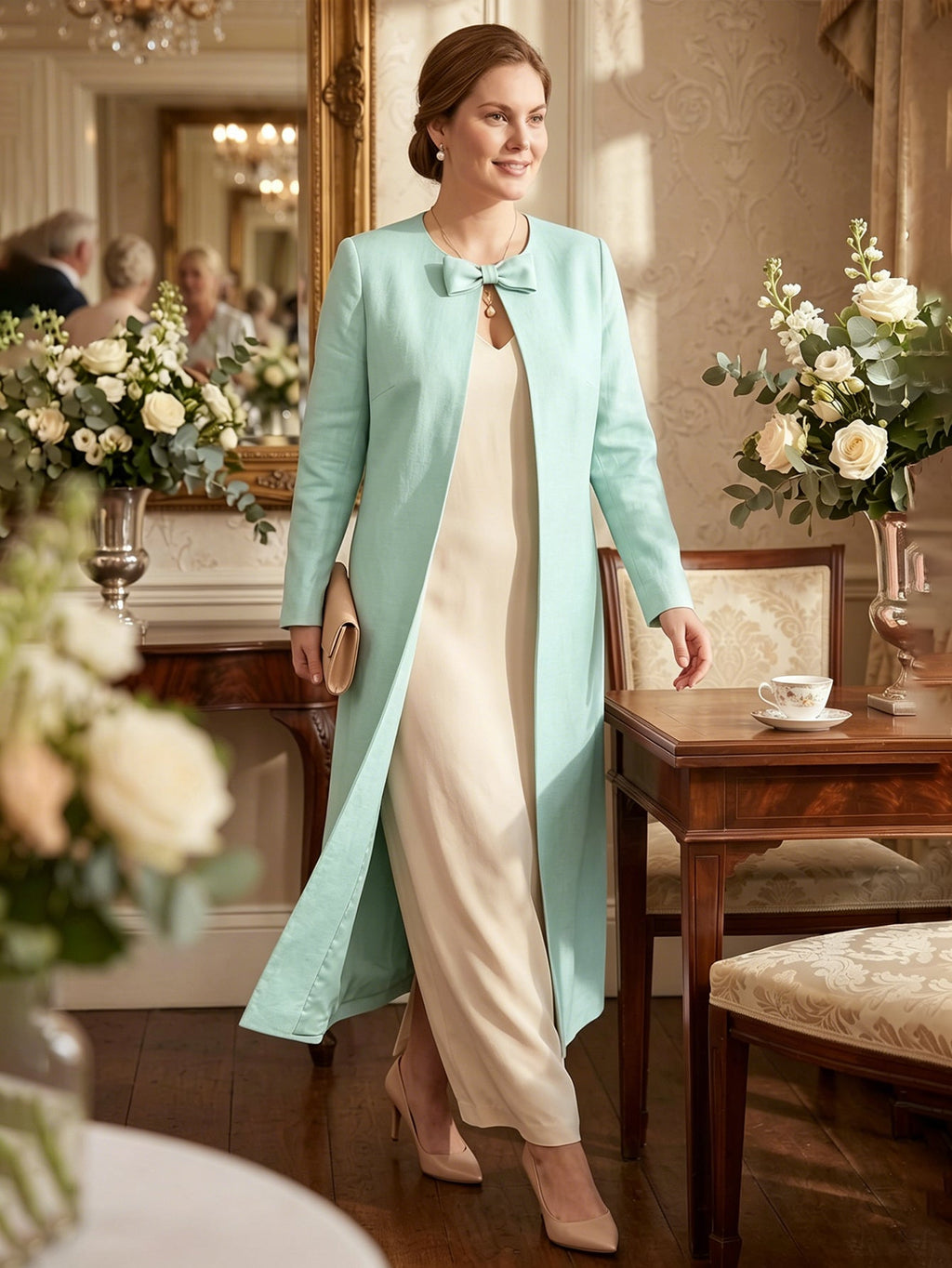 Larui Plus Size Women's Bow-Knot Wedding Long Linen Coat