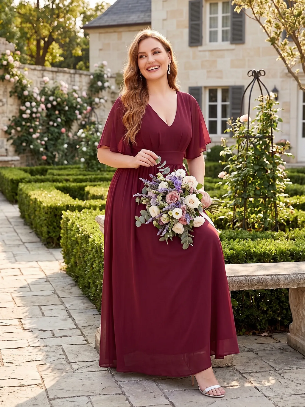 Larui Plus Size Women‘s V-Neck Chiffon Ruffles Sleeves Dress