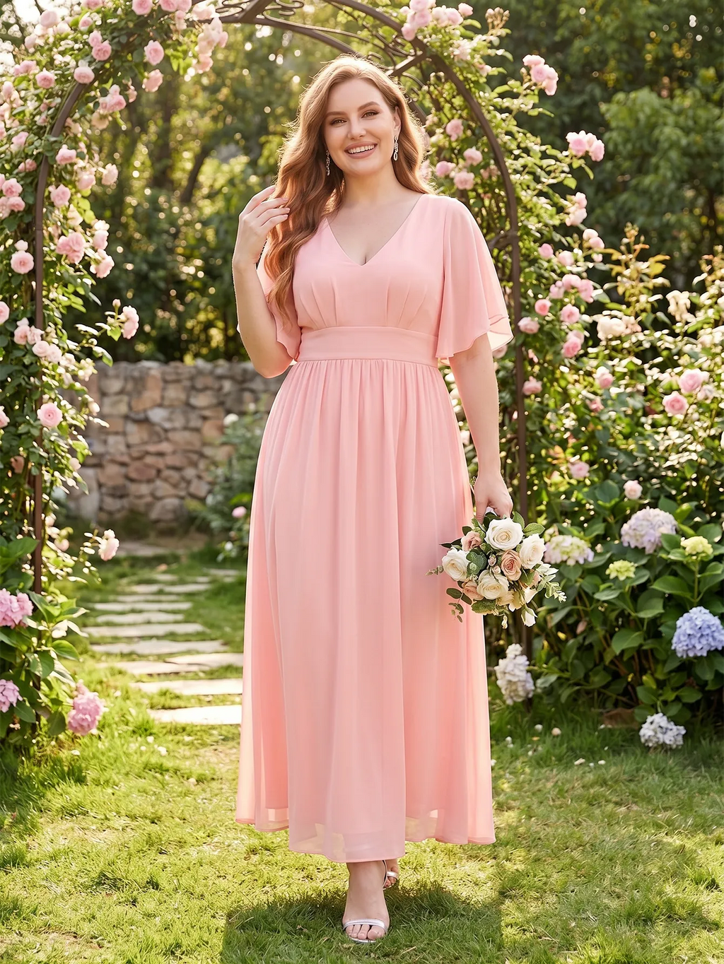 Larui Plus Size Women‘s V-Neck Chiffon Ruffles Sleeves Dress