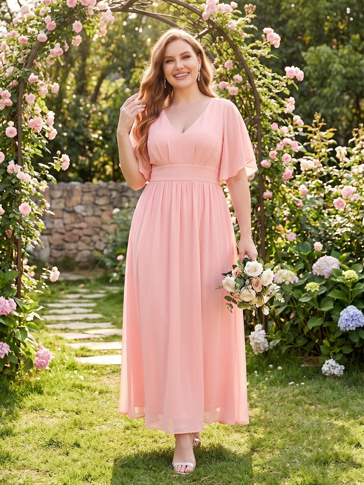 Larui Plus Size Women‘s V-Neck Chiffon Ruffles Sleeves Dress