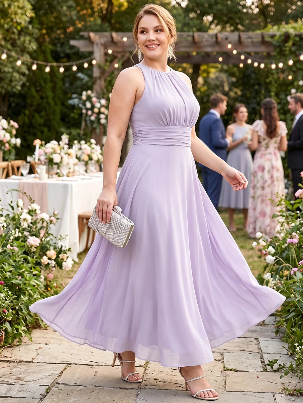 Larui Plus Size Elegant Pleated Chiffon Dress