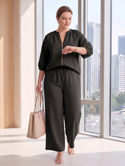 Larui Plus Size Women's Three-Quarter Sleeve Top and Pants Two-Piece Linen Set