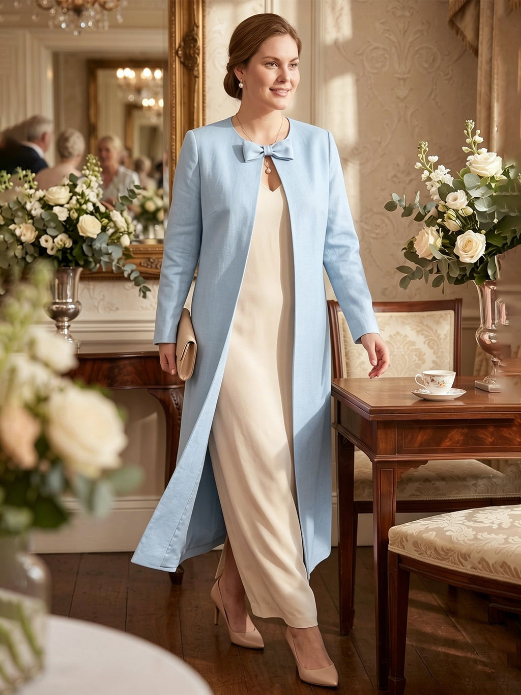 Larui Plus Size Women's Bow-Knot Wedding Long LinenCoat