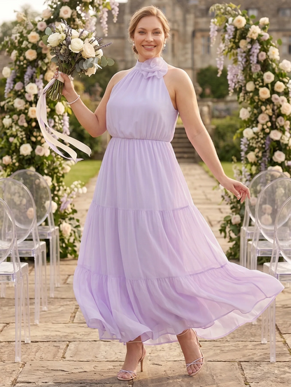 Larui Plus Size Wedding/Vacation A-Line Chiffon Dress With Floral Embellishments