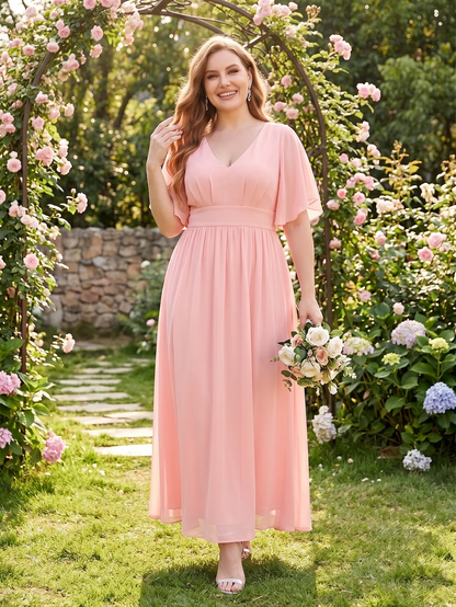 Larui Plus Size Women‘s V-Neck Chiffon Ruffles Sleeves Dress