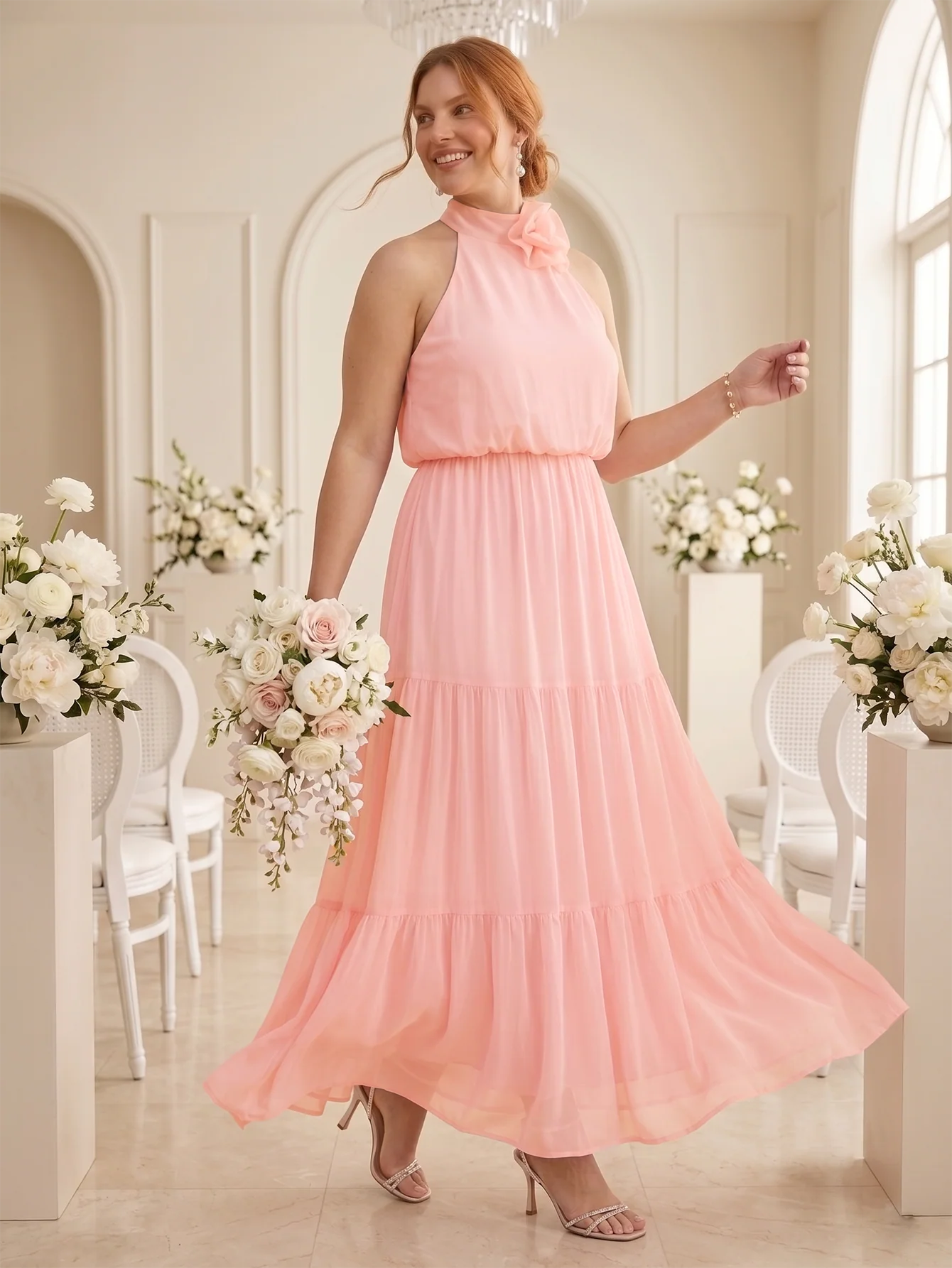 Larui Plus Size Wedding/Vacation A-Line Chiffon Dress With Floral Embellishments