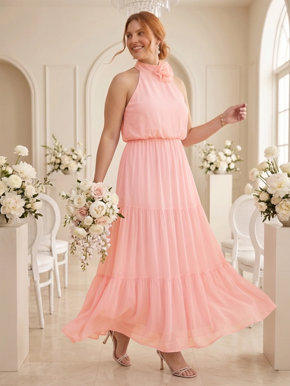 Larui Plus Size Wedding/Vacation A-Line Chiffon Dress With Floral Embellishments