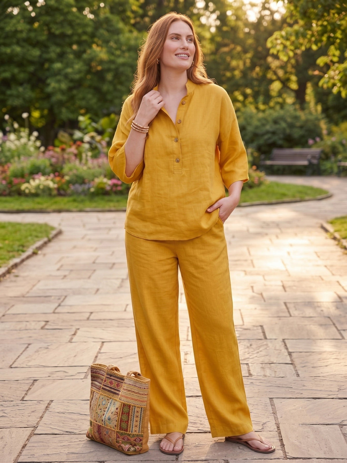 Larui Plus Size Women's V-Neck Button-Detail Casual Linen Set