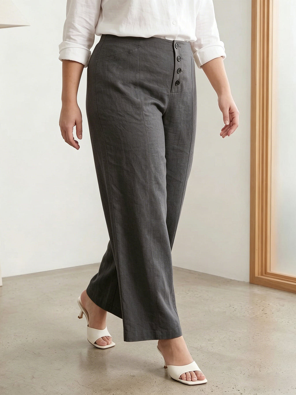 Larui Plus Size Women's Button-Down Wide-Leg Linen Pants