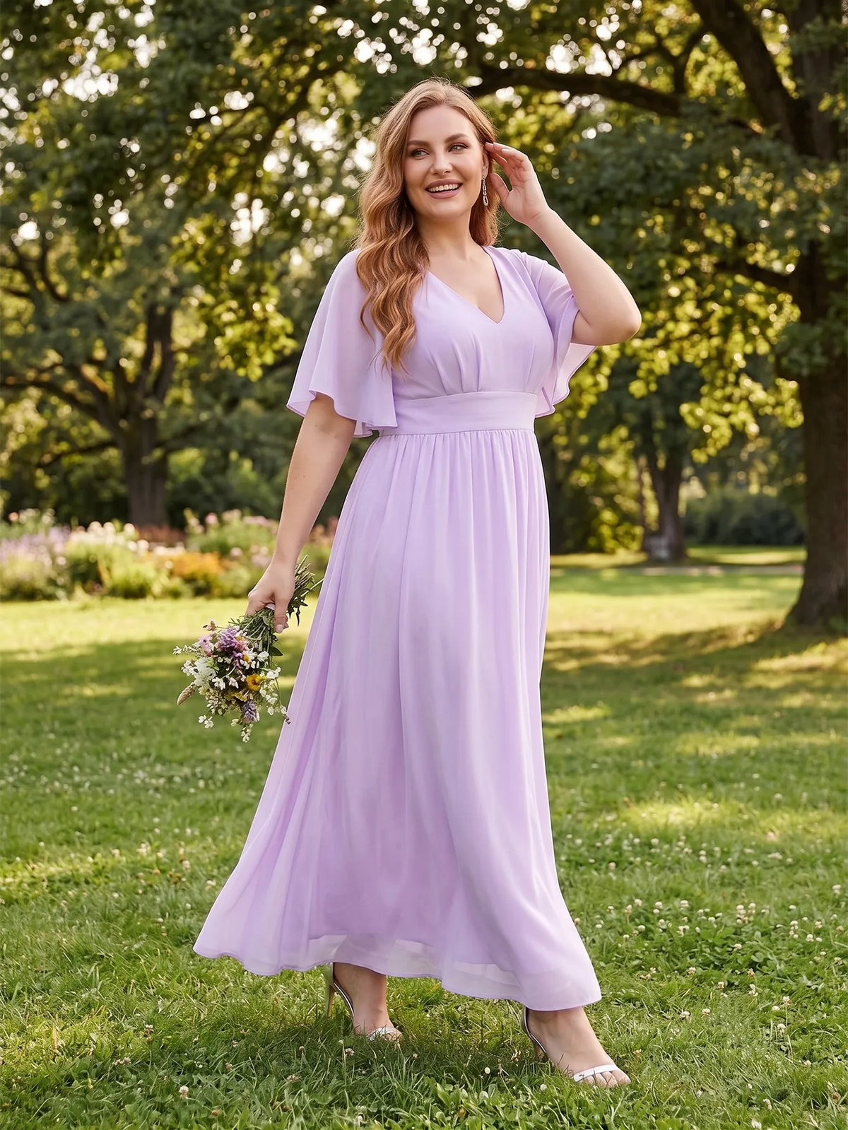 Larui Plus Size Women‘s V-Neck Chiffon Ruffles Sleeves Dress
